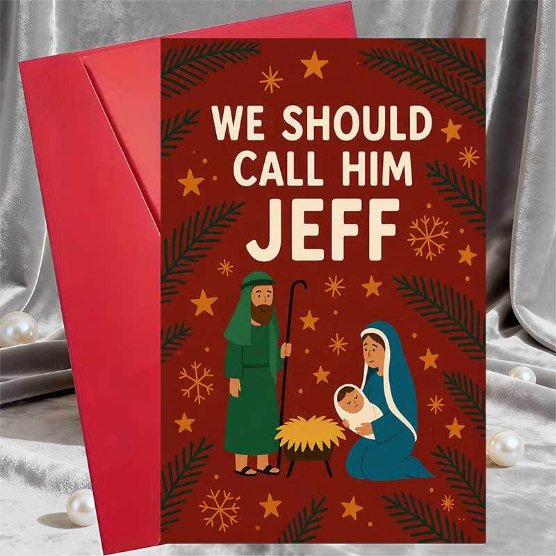 TEMU 1 Carte de vœux + 1 Enveloppe. Carte de vœux humoristique plate 2D pour les fêtes, avec une d'hiver et le texte "On devrait l'appeler Jeff", à