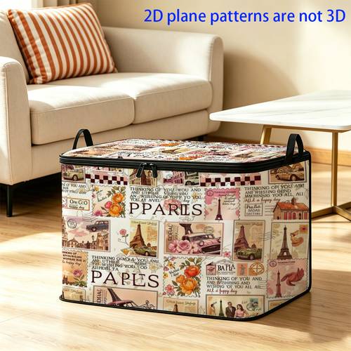 1pc vintage paris travel stamp storage box foldable zippered flap design with reinforced handle suitable for multi functional storage and home d cor under bed storage