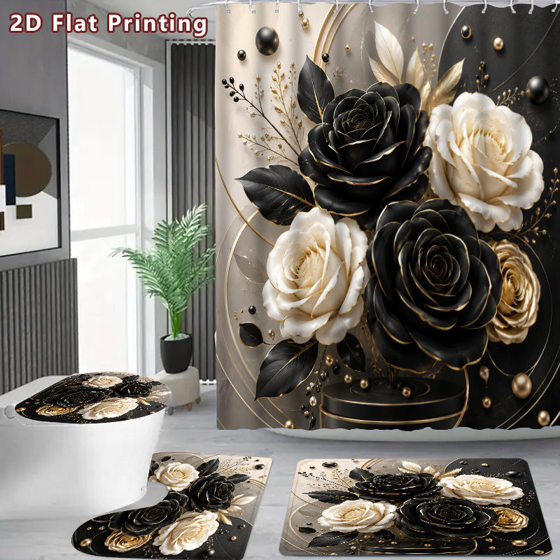 4pcs Black Golden Roses Shower Curtain Set