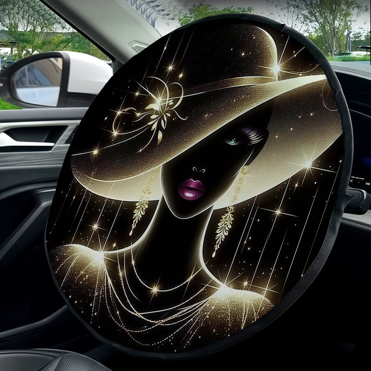 TEMU Pare-soleil de volant de voiture Femme avec chapeau et bijoux, style , parfait pour l'été pour prévenir les dommages et la chaleur, ajustement