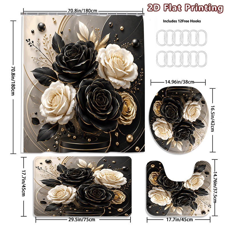 4pcs Black Golden Roses Shower Curtain Set