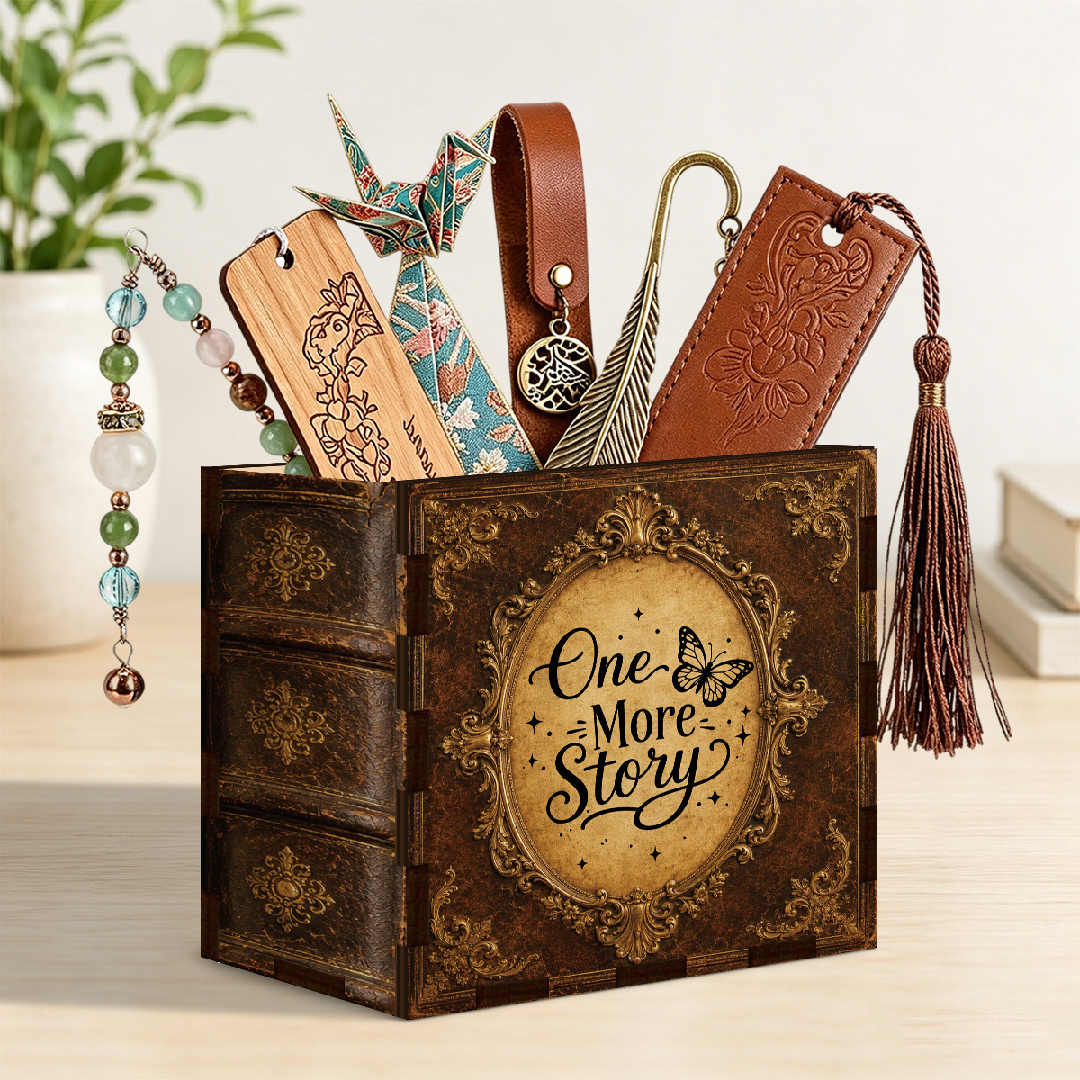 TEMU Boîte de rangement pour marque-pages en bois plat 2D, 1 pièce, motif papillon et floral "" avec couverture de livre, boîte de rangement rétro