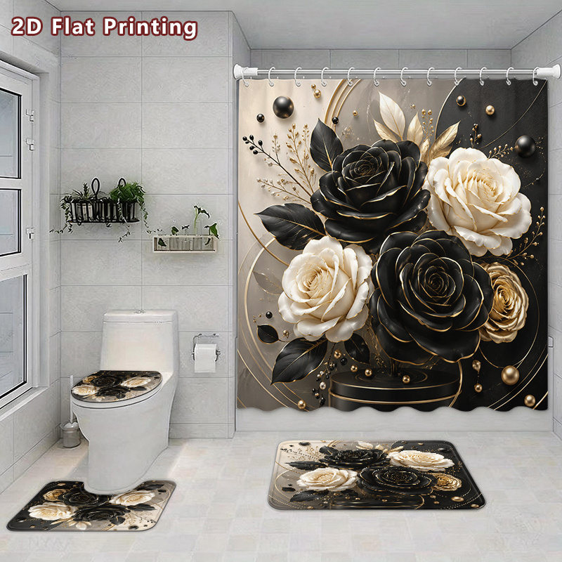 4pcs Black Golden Roses Shower Curtain Set