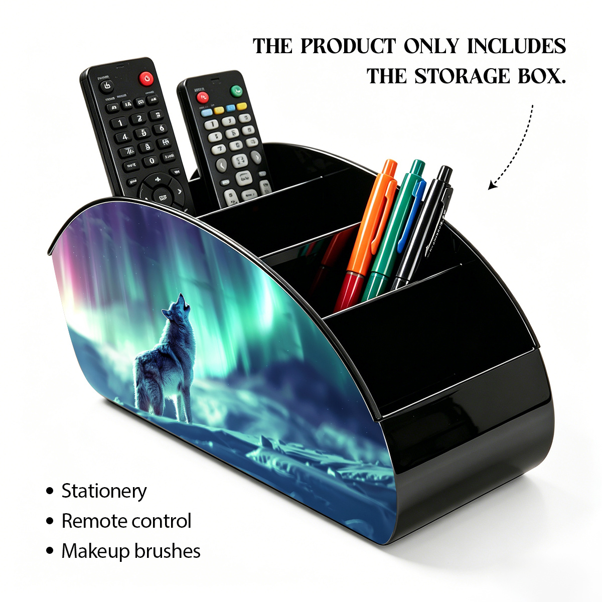 TEMU 2d Flat Wolf Aurora Print Multi-compartment Desk Organizer, Remote Control And Makeup Brush Storage Box For Home Office