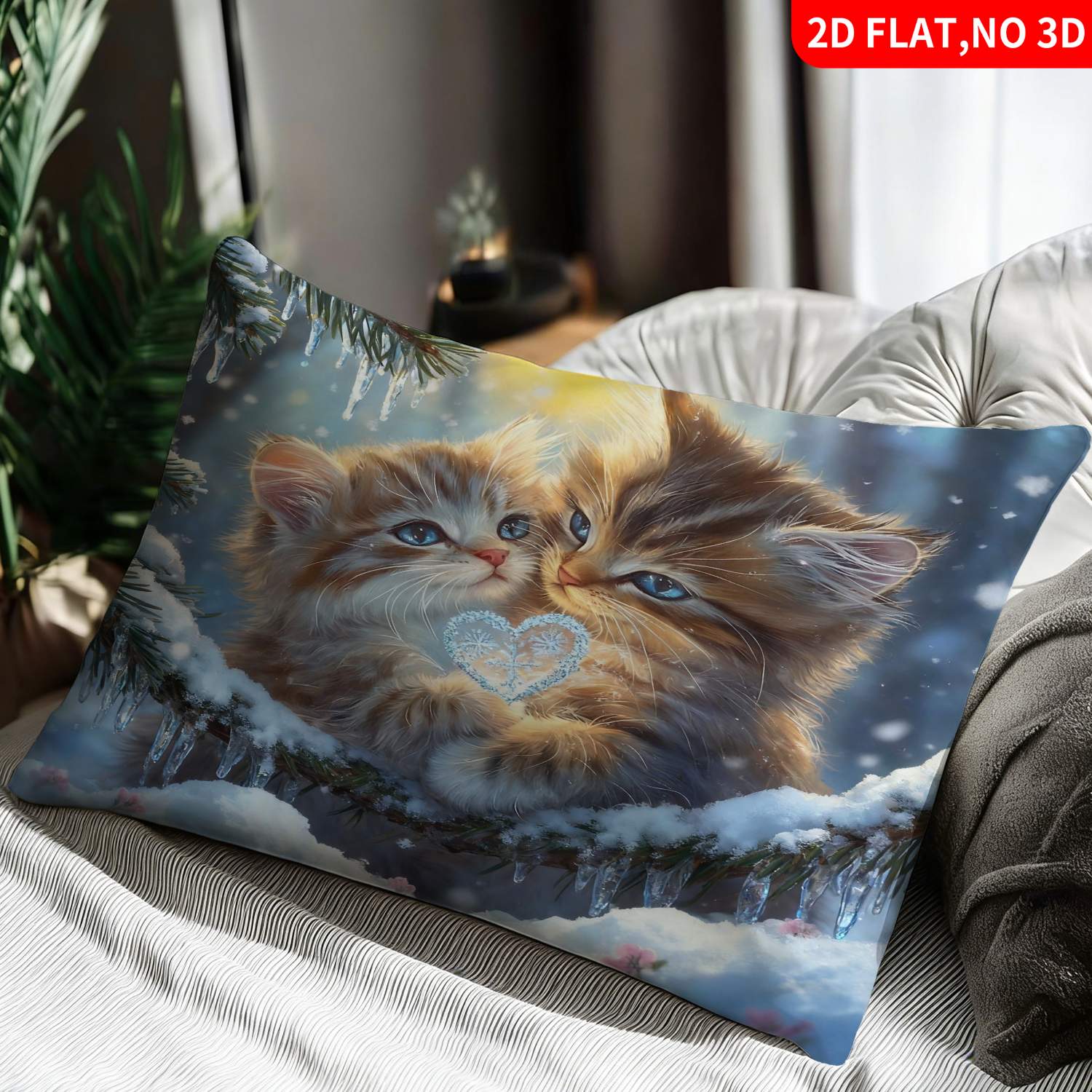 TEMU 1pc Pillowcase (pillow Inserts Not Included) 2d Flat Print Winter Themed Blue And Brown Kittens With Heart-shaped Ice Art Print Ideal For Home