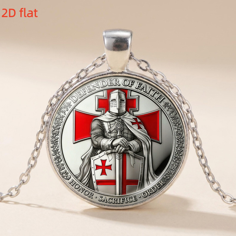 2D Flat Medieval Knight-Themed Glass Pendant Necklace
