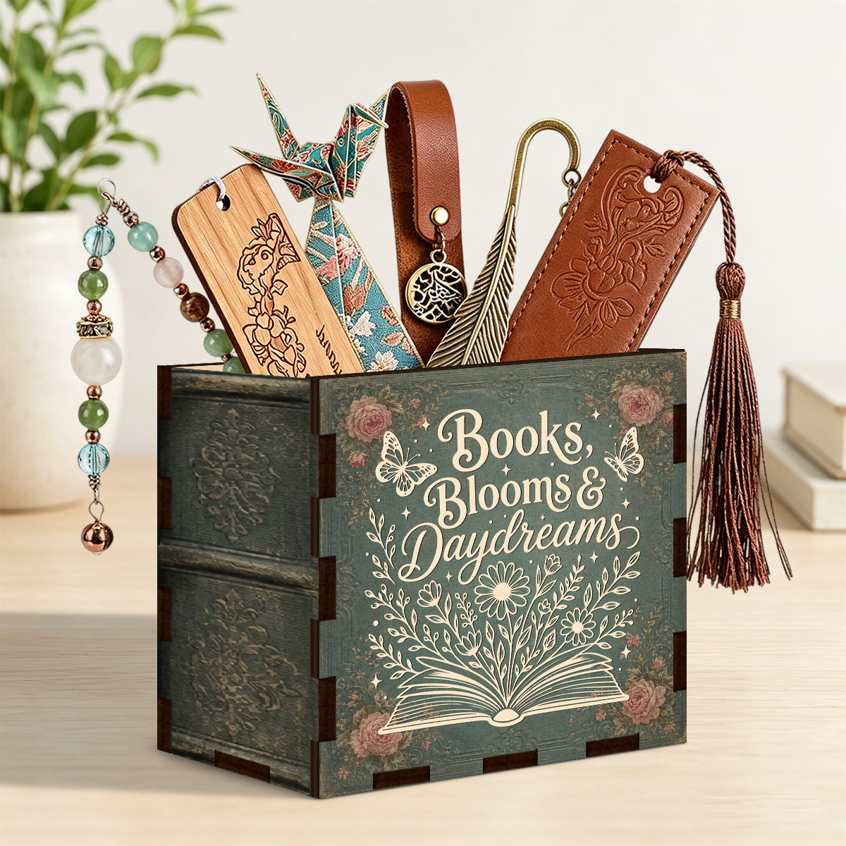 TEMU Lot de 1 Porte- et Pot à Stylo en Bois - Vert Vintage, Convient aux Lecteurs, avec un Design de Livre à , Peut des Marque-pages, Organisateur de