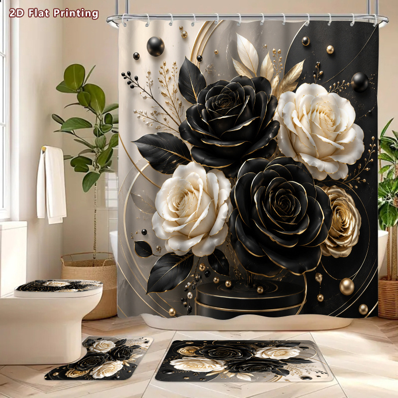 4pcs Black Golden Roses Shower Curtain Set