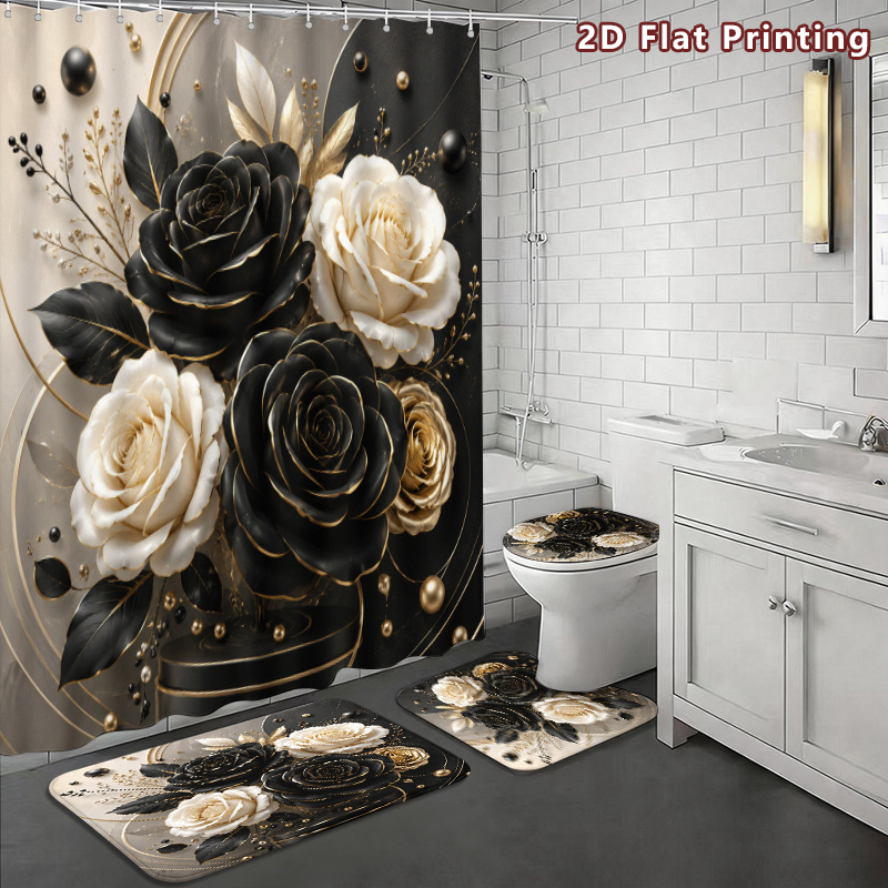 4pcs Black Golden Roses Shower Curtain Set
