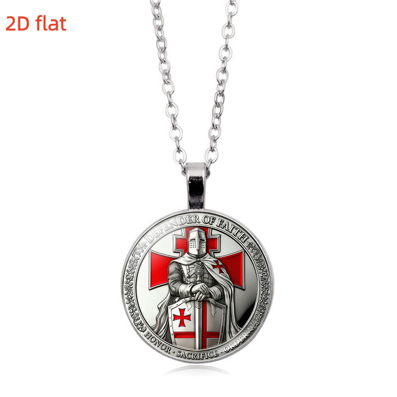 2D Flat Medieval Knight-Themed Glass Pendant Necklace