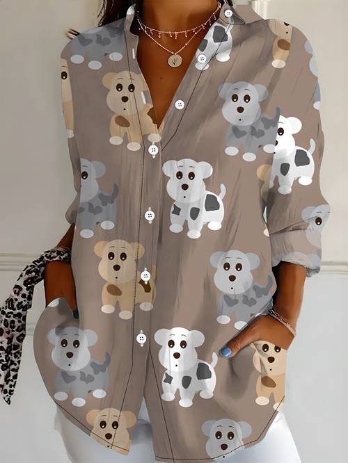 camisa de larga para mujer de talla , con lindo estampado de , camisa holgada con estampado, adorable estampado de perro, camisa de larga para mujer de media con cuello, camisa casual holgada con estampado de talla , estilo base ,