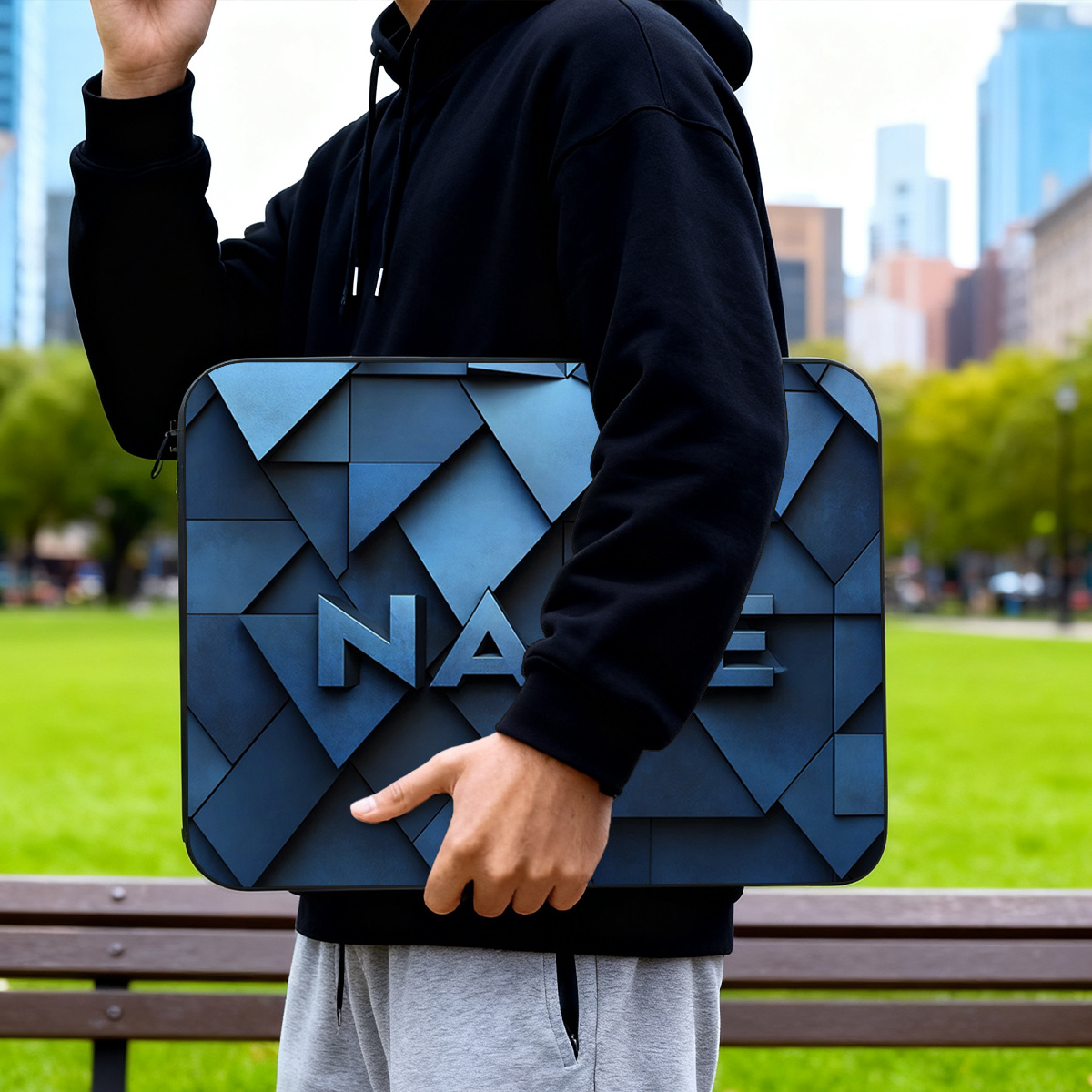 Customized Blue Geometry Pattern Laptop Sleeve, Trendy & Protective