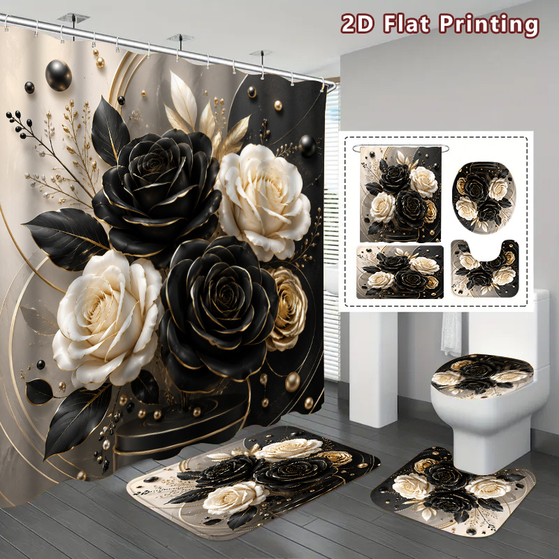 4pcs Black Golden Roses Shower Curtain Set