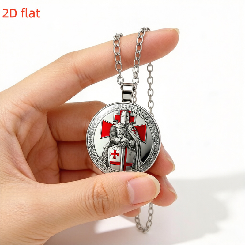 2D Flat Medieval Knight-Themed Glass Pendant Necklace