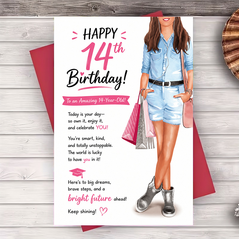 TEMU 1 Greeting Card + 1 Envelope Happy 14th Birthday Greeting Card For Teen Girls Fashionable Flat Paper Card For Daughter Granddaughter Niece Best