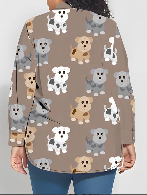 camisa de larga para mujer de talla , con lindo estampado de , camisa holgada con estampado, adorable estampado de perro, camisa de larga para mujer de media con cuello, camisa casual holgada con estampado de talla , estilo base ,