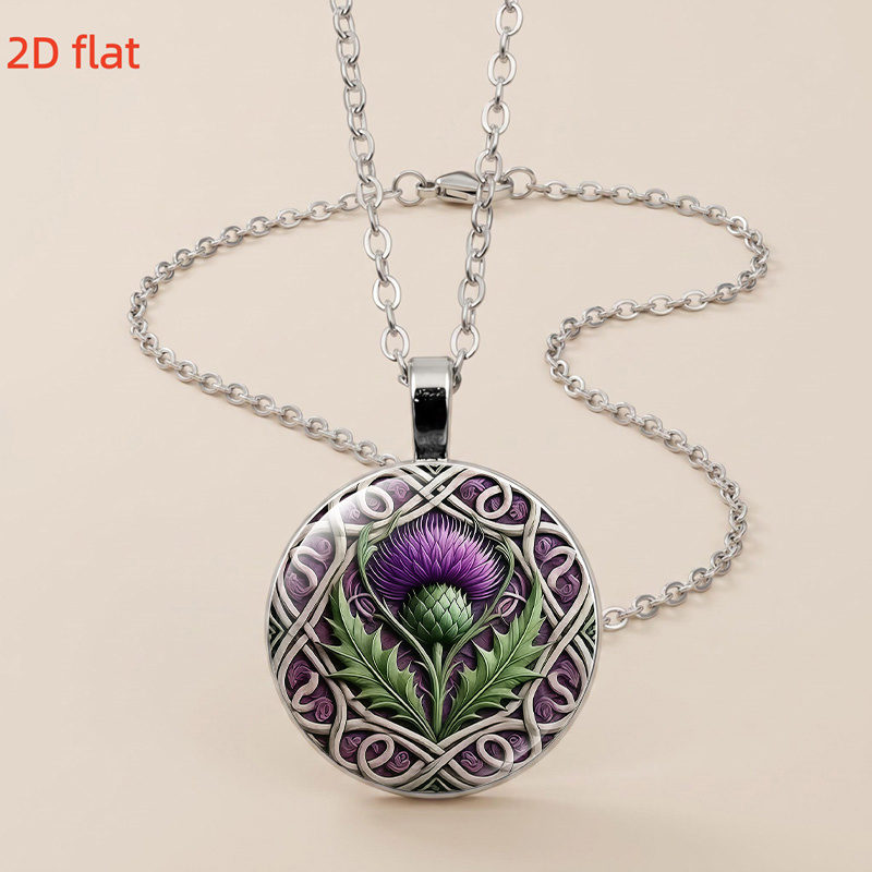 Celtic-Inspired Thistle Pattern Glass Pendant Necklace