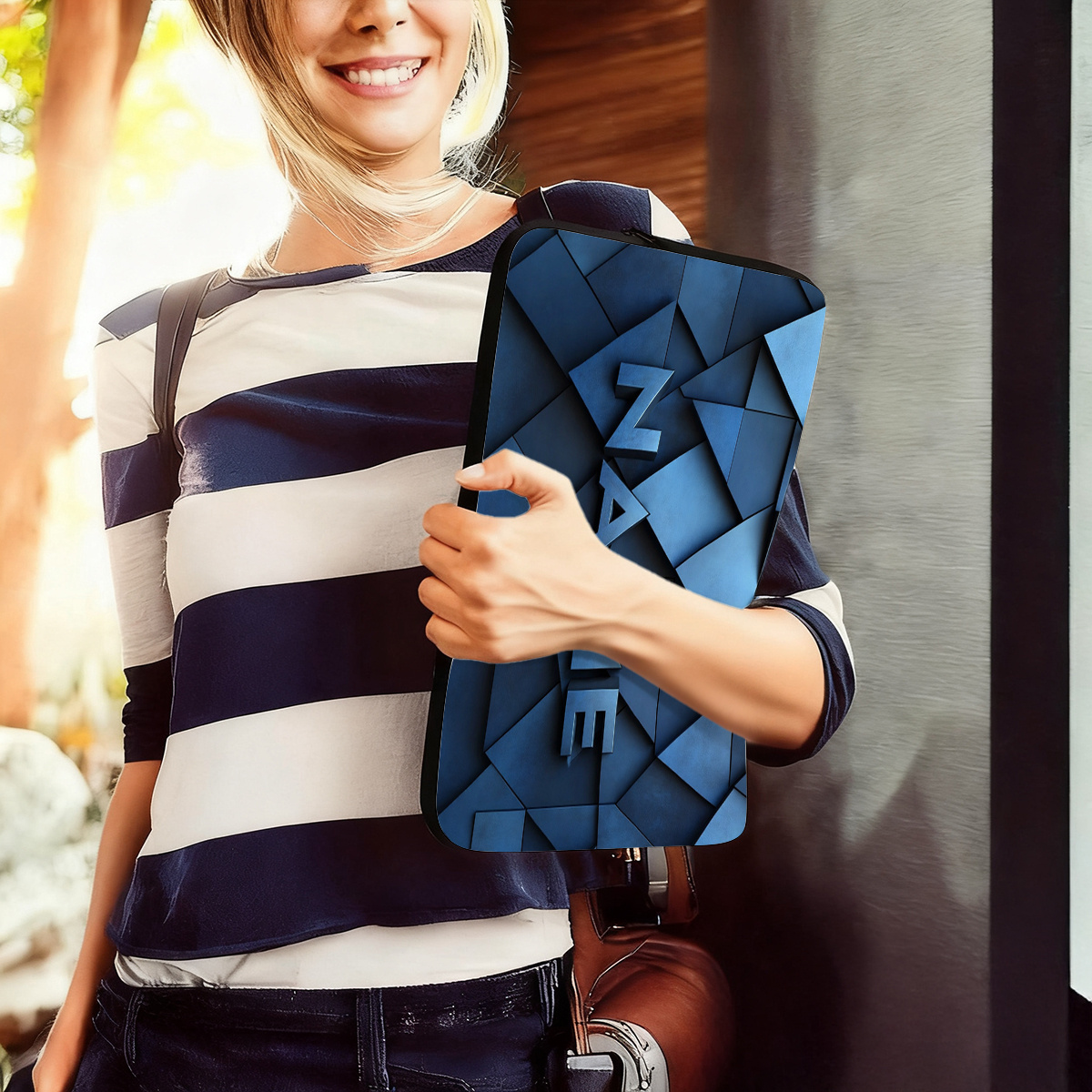 Customized Blue Geometry Pattern Laptop Sleeve, Trendy & Protective