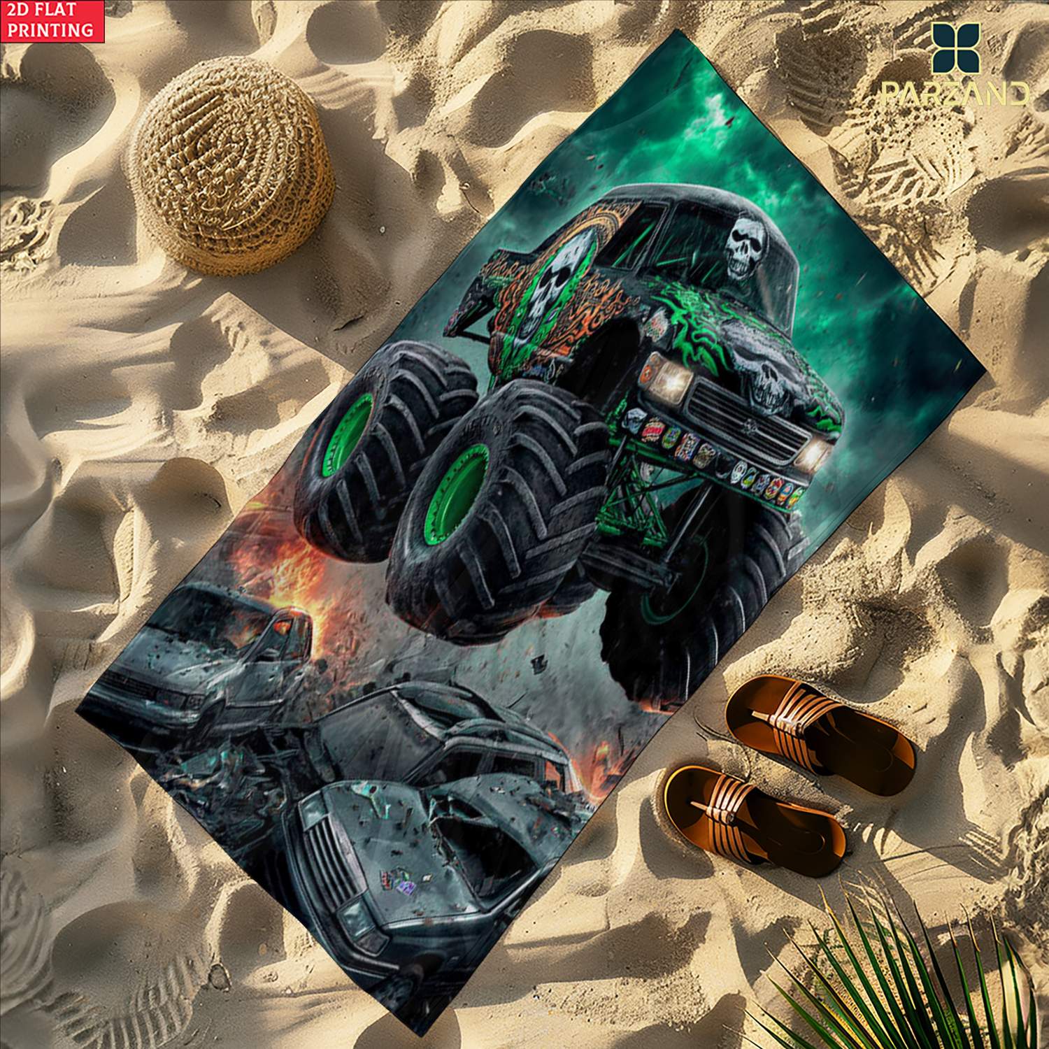 item picture 2d flat 1  skull monster truck jumping over   cars with flames beach towel soft ultra absorbent microfiber lightweight   beach parties travel camping 55x27in 63x31in beach accessories artistic beach towel