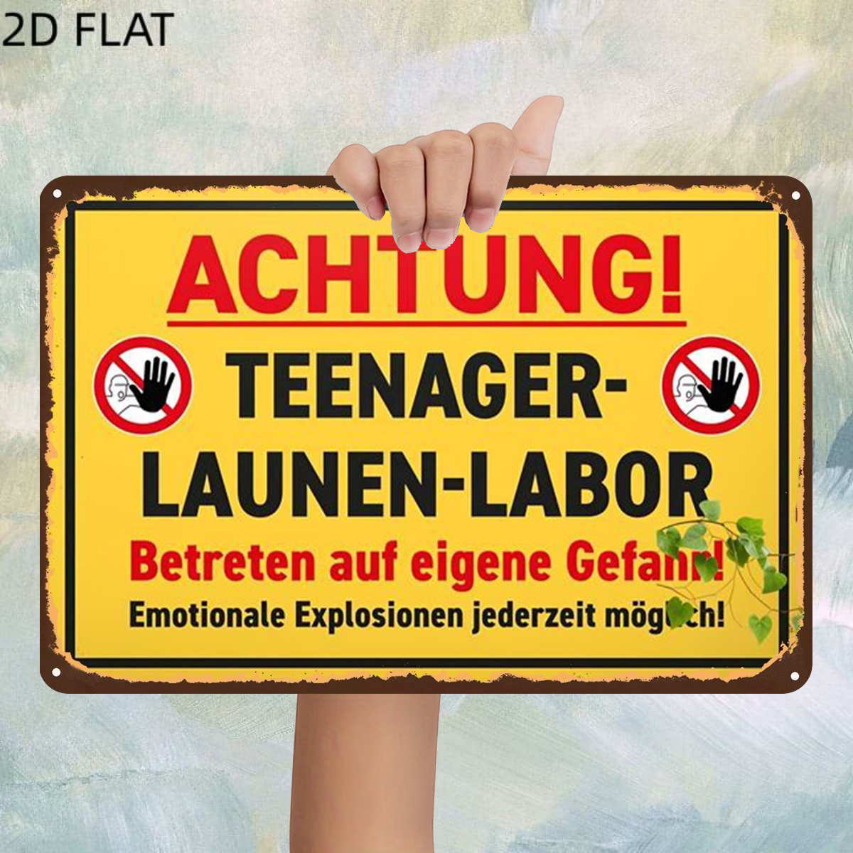 TEMU 2d Flat, 1pc, Vintage Attention! Teenager Mood Lab – Enter At Your Own ! Emotional Explosions At ! Metal Iron Sign, Pre-drilled Holes, Kitchen