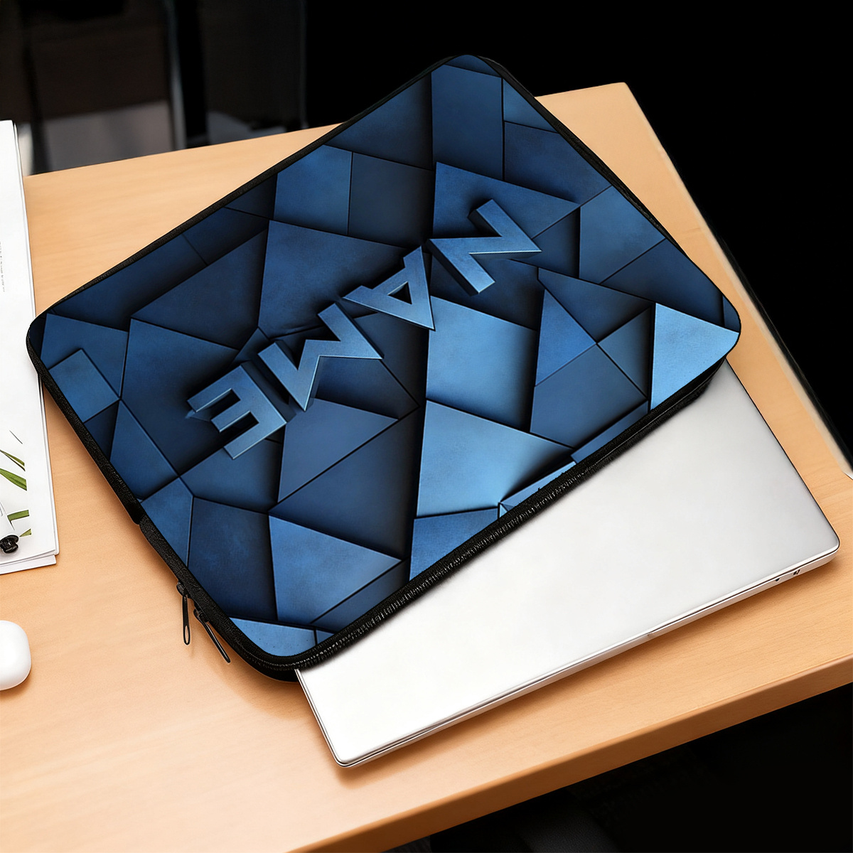 Customized Blue Geometry Pattern Laptop Sleeve, Trendy & Protective