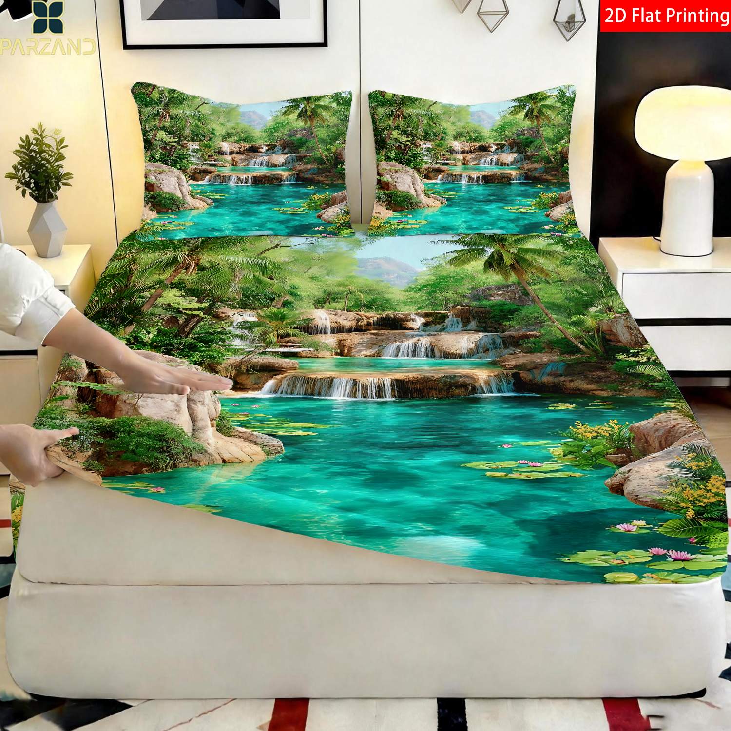 TEMU 2pcs/3pcs Parzand Tropical Waterfall Bed Sheets With Pillowcases Suitable For Bedroom Decoration, Fitted Sheet & Half-pillowcases, Machine