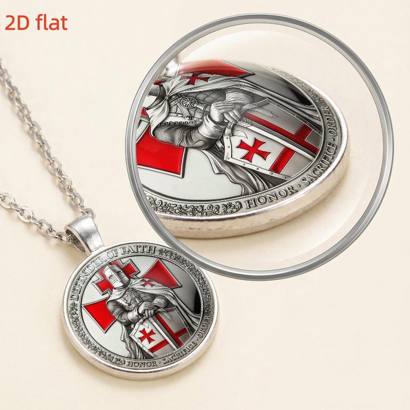 2D Flat Medieval Knight-Themed Glass Pendant Necklace