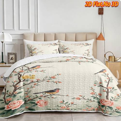 2 3pcs 2d flat floral bird on branch bedspread set 1 bedspread 1 2 pillowcases no filler soft and comfortable bedding in queen king size suitable for bedrooms and guest rooms hd printing breathable comfortable and easy