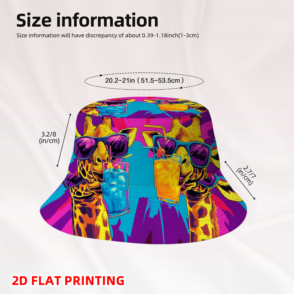TEMU 2d Flat 1pc Party Giraffes With Cocktails Fisherman Cap, Casual , Foldable Fisherman Cap, Lightweight Portable, , Perfect For Strolls, Café