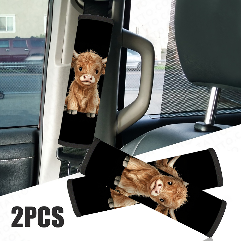TEMU 2pcs Cute Highland Cow Car Seat Belt Cover - Car Interior Accessory, Soft Fashion Seat Belt Shoulder Pads, Multifunctional Shoulder Strap