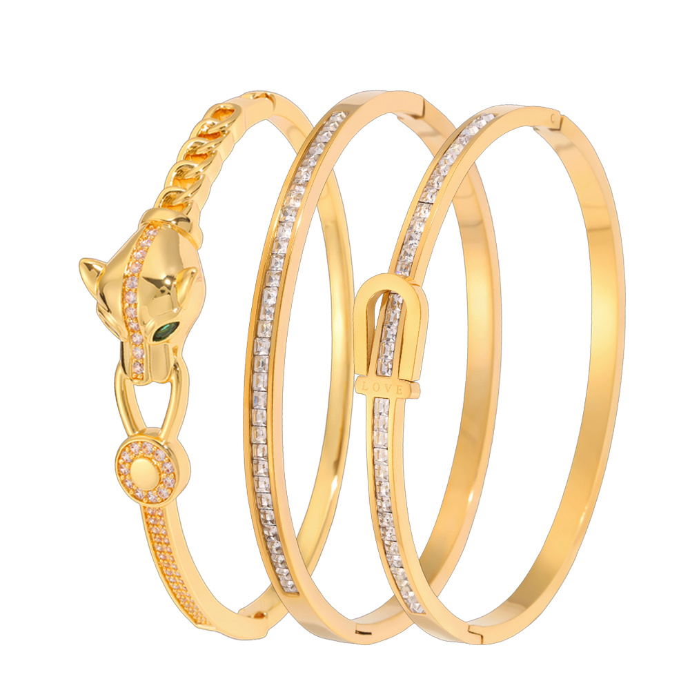 TEMU 3pcs, Bracelet Rétro Tête de Léopard/Boucle Fermeture Étoile, Incrusté de Synthétique, Matériau en Acier Inoxydable, à l' et Lavable. Style