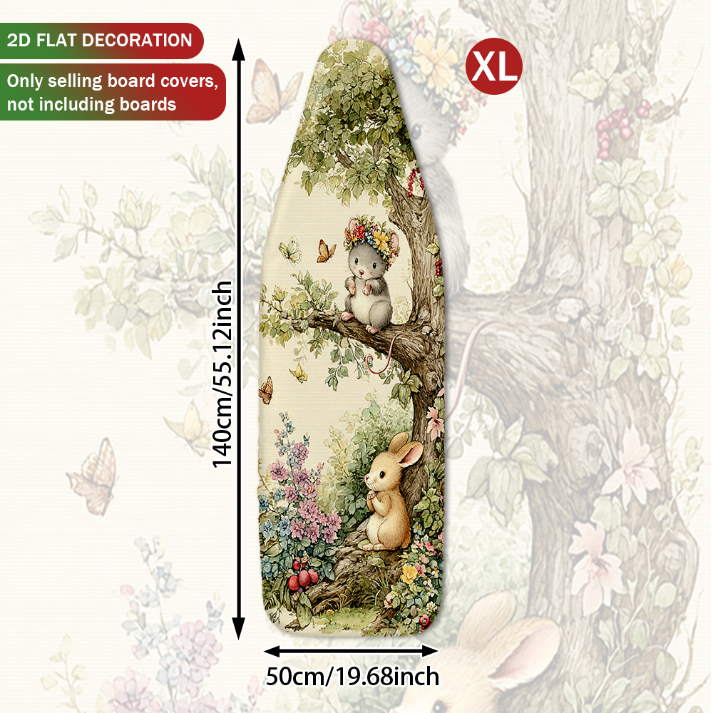 TEMU 1pc Housse de planche à repasser 2D imprimée en plat, motif lapin souris, papillons, fleurs, arbre, tissu de protection anti-rayures, décoration