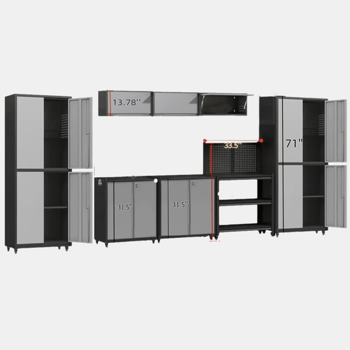 8pcs Garage Storage Cabinet System, Workshop Set, Metal Rolling Cabinet with Adjustable Shelves, Pegboard, Garage Tool Workbench Shelving, Lockable Tool Organizer, Wall Cabinet, for Home Office, Garage, Tool Room, Kitchen,