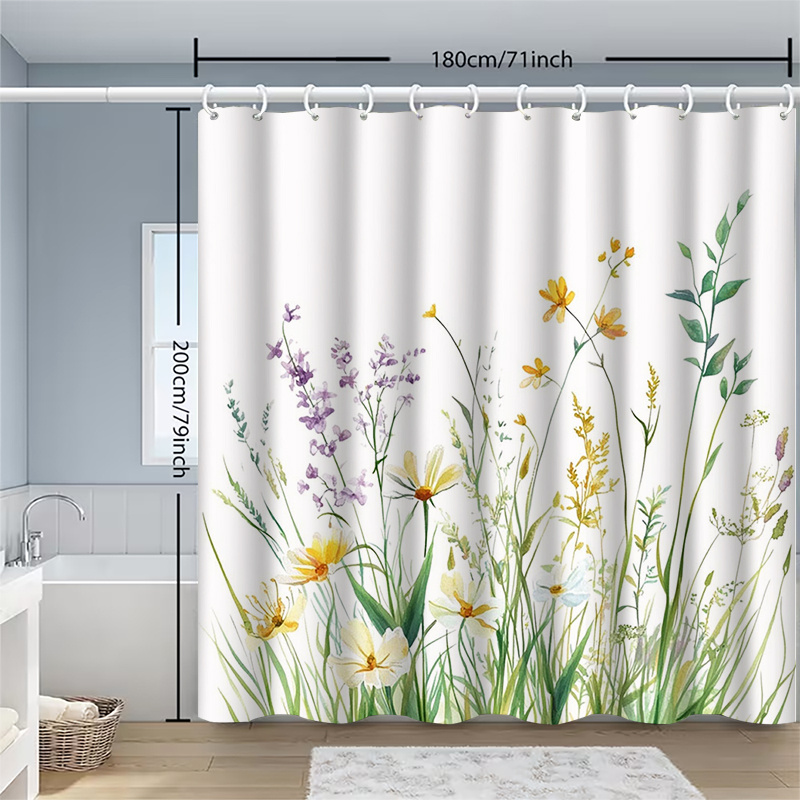 TEMU Watercolor-style Floral Print Shower Curtain With Plastic Hooks, Artistic Bathroom Accessory, Gift, Home Decor, Machine Washable