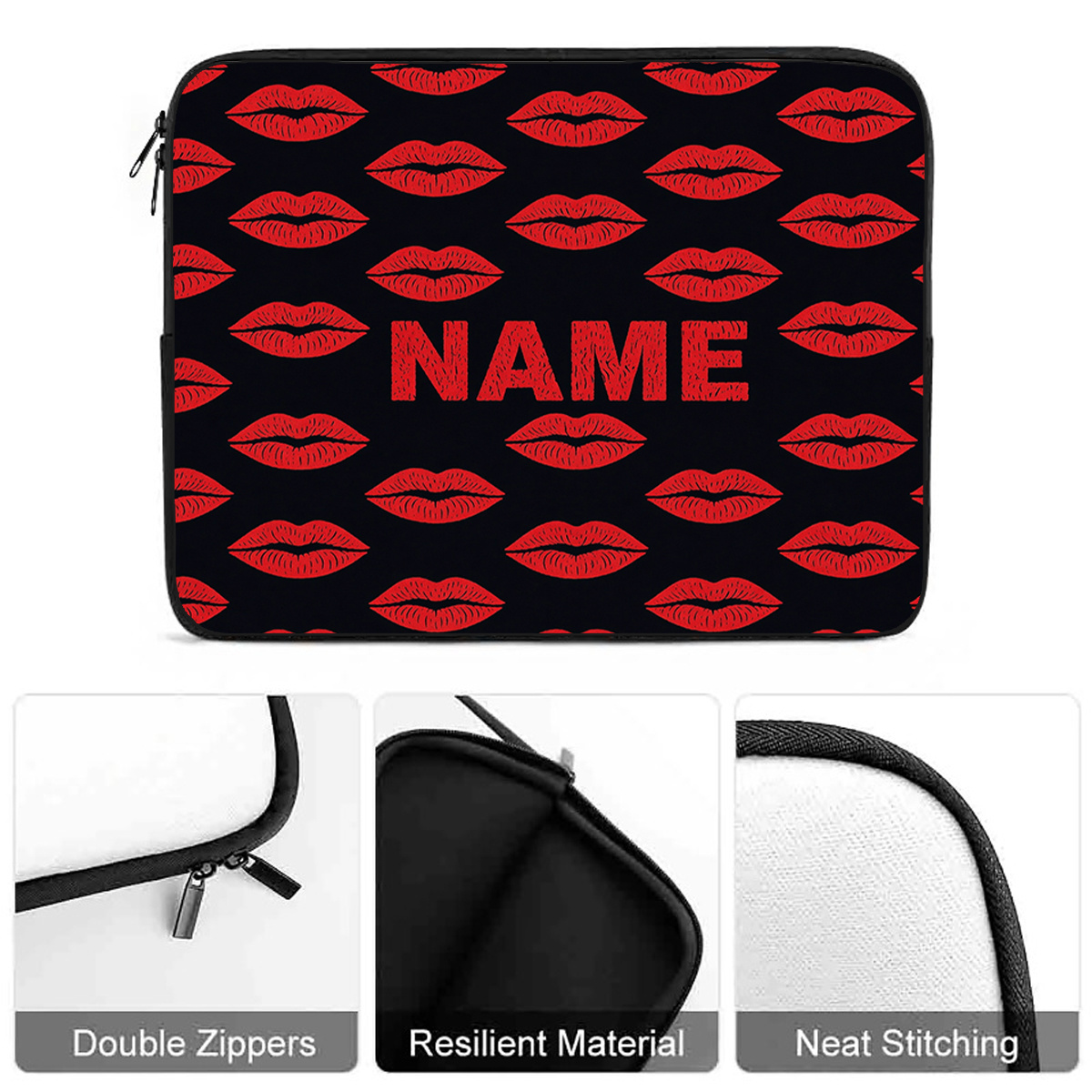 Custom Name/Text Personalized Laptop Sleeve Case with Red Lips Pattern