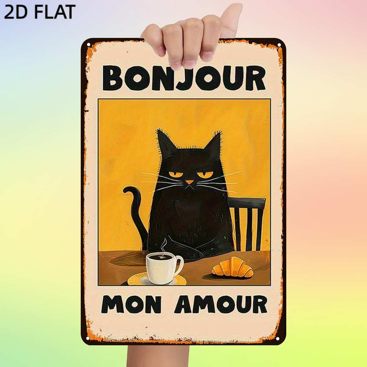 TEMU 2d Flat, 1pc, Retro ", My Love: A Black Cat Enjoys Coffee And A Croissant" Metal Iron Sign, Pre-drilled Holes, Wall Art Decor For Home Room Deck