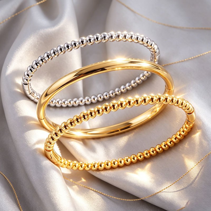 TEMU 3pcs Stainless Steel Round Bead + Smooth Plain Ring Opening Bracelet Set, Luxurious Minimalist Stackable Wristband Jewelry