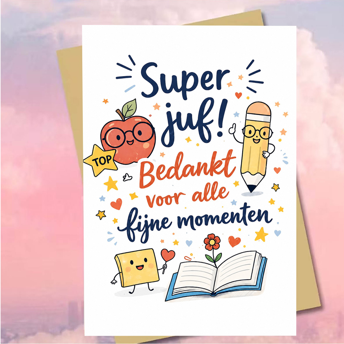 TEMU 1pc Warm And Cute Thank You Creative Greeting Card, "super Juf! Bedankt Voor Alle Fijne Momenten", (scene With Cartoon , Pencil, Books And Star