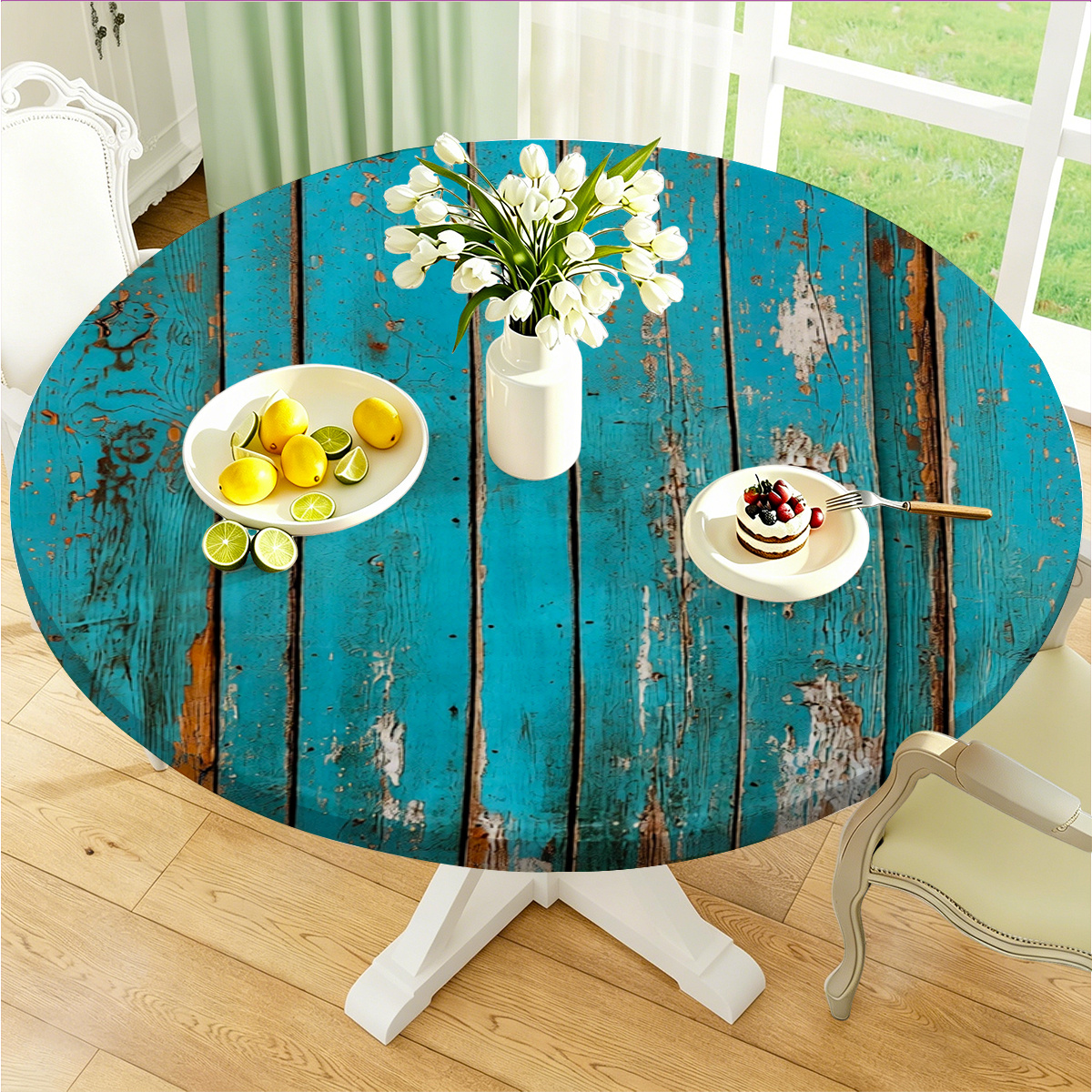 TEMU 1pc Rustic Teal Wood Plank Texture Art Round Fitted Elastic Table Cloths, Polyester Table Cover, Decorative Table Protector, For