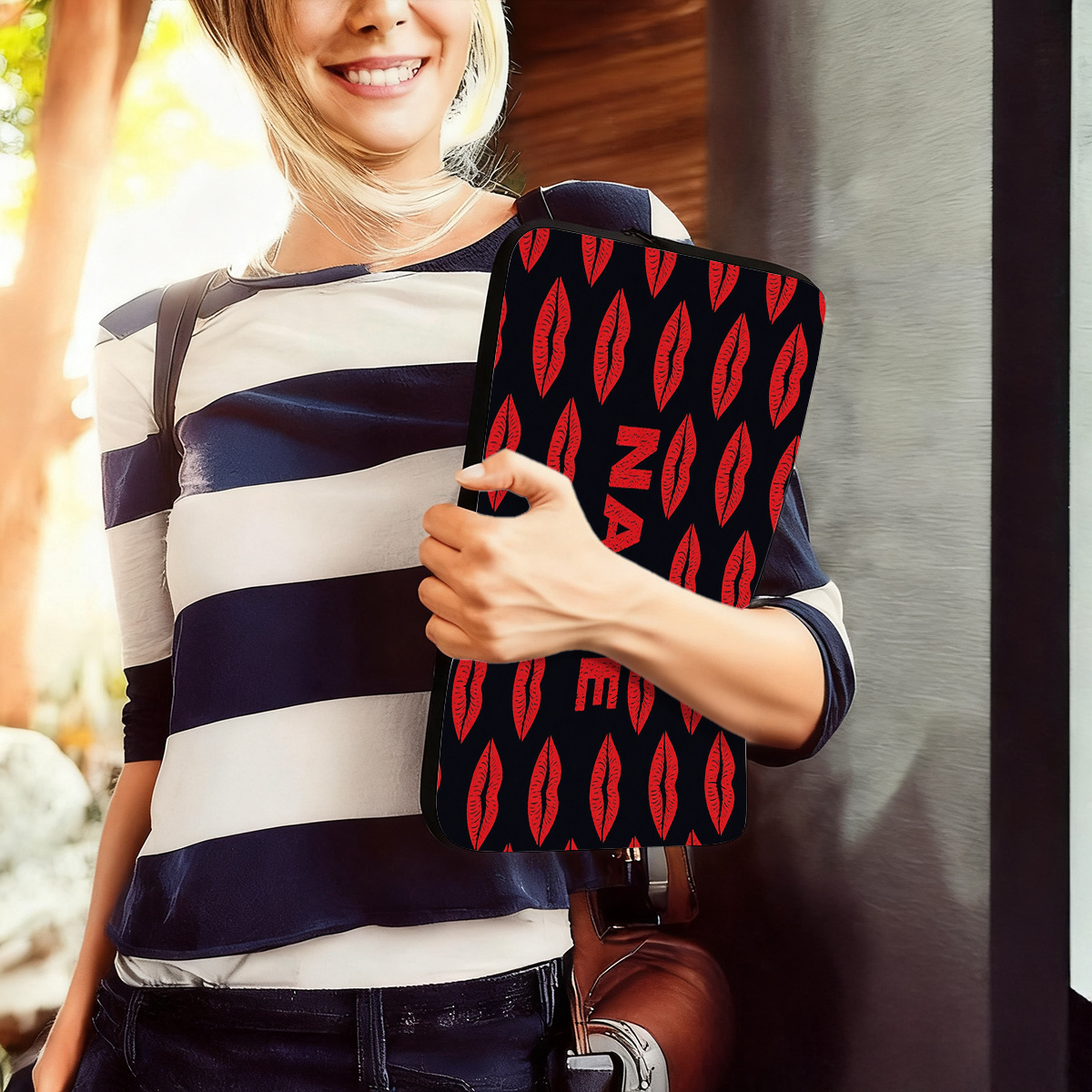 Custom Name/Text Personalized Laptop Sleeve Case with Red Lips Pattern