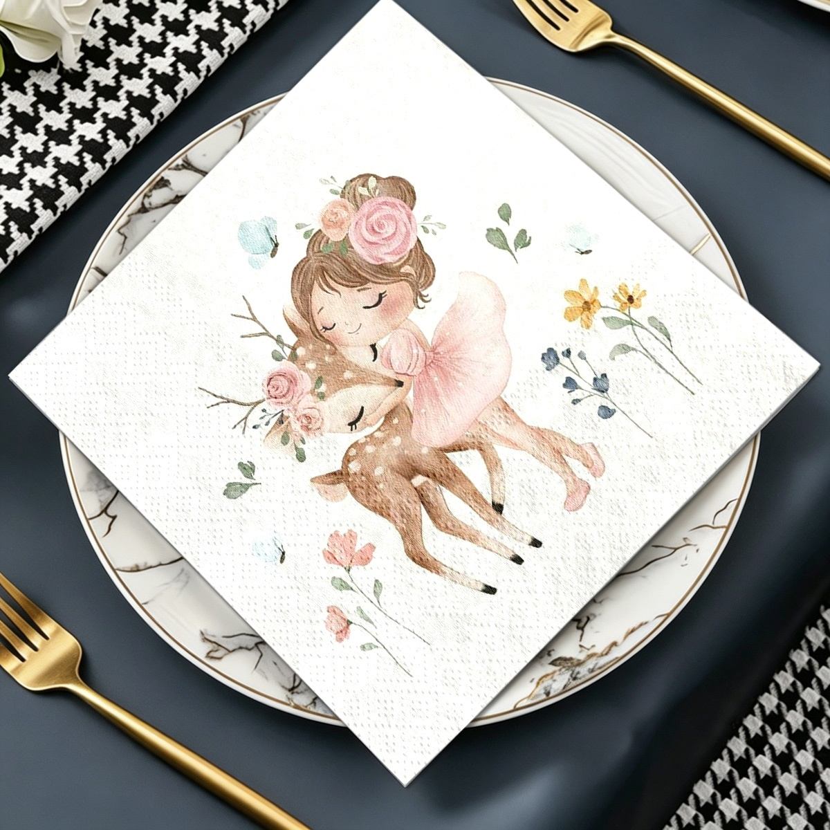 TEMU Lot de 20 serviettes en papier à double couche Fille et Faon, adaptées aux anniversaires, fêtes d'anniversaire et scènes d'impression haut de