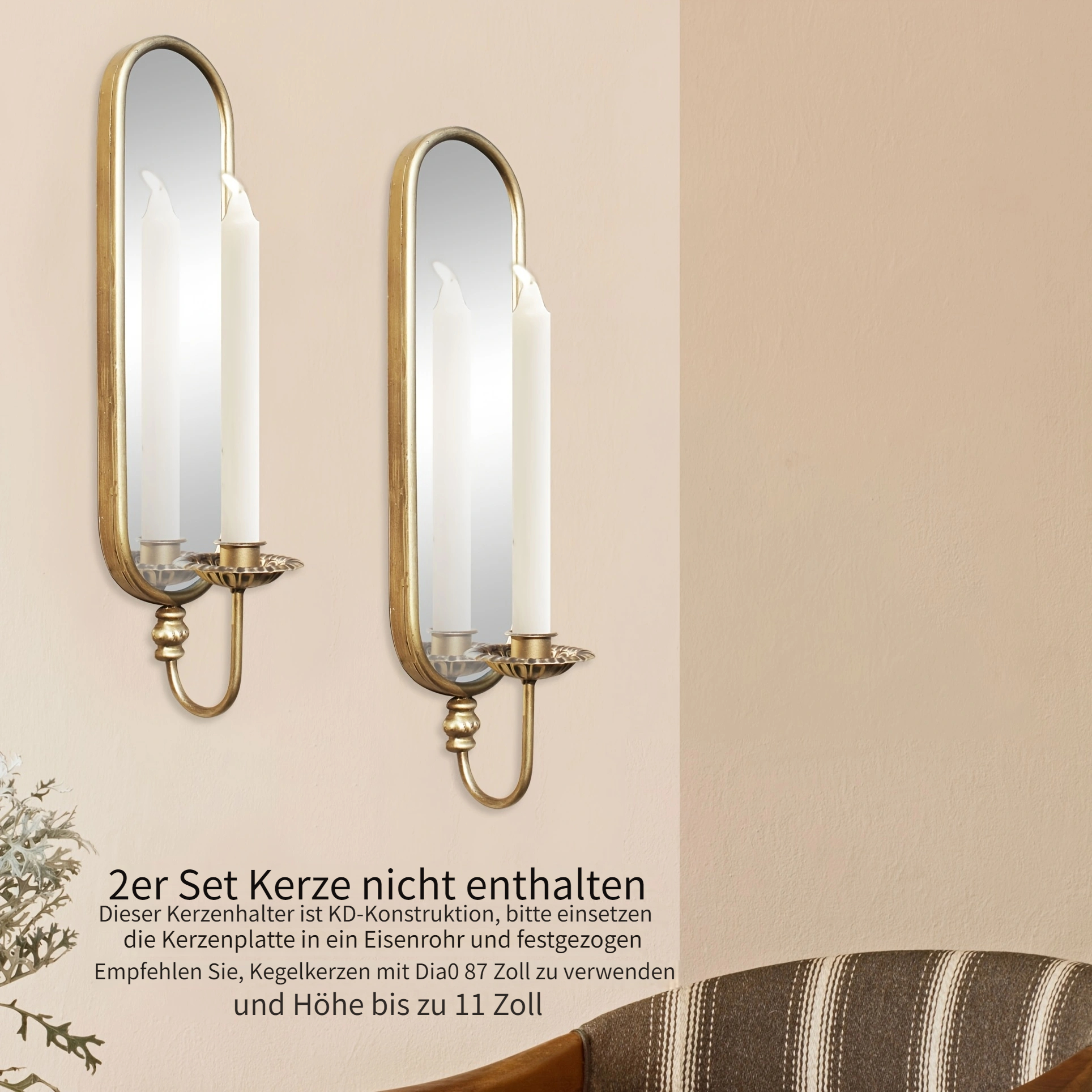 rustikale vintage goldene spiegel wand kerzenhalter set 2