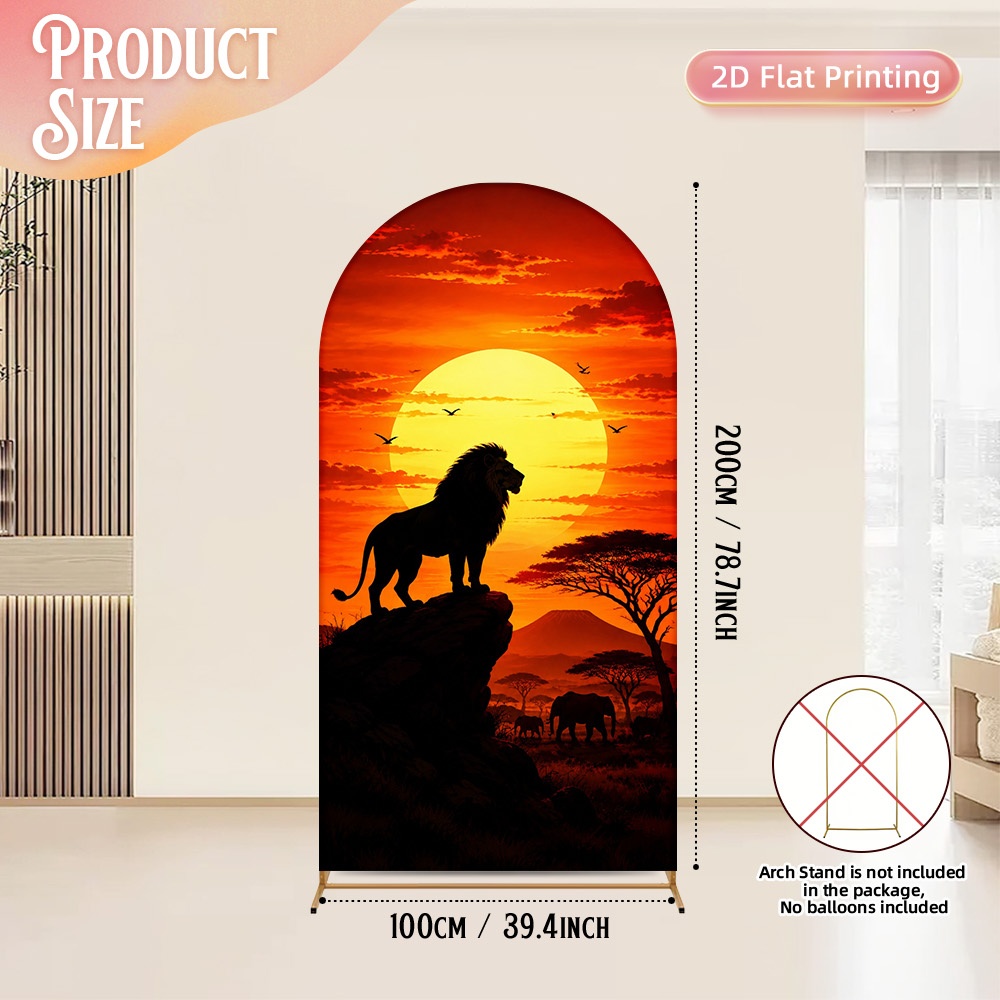 TEMU Photography Backdrop 2d Flat Banner, 1pc Elastic Arch Backdrop, Sunset With Lion Pattern, For Birthday Wedding Shower Banquet Decor, Gender