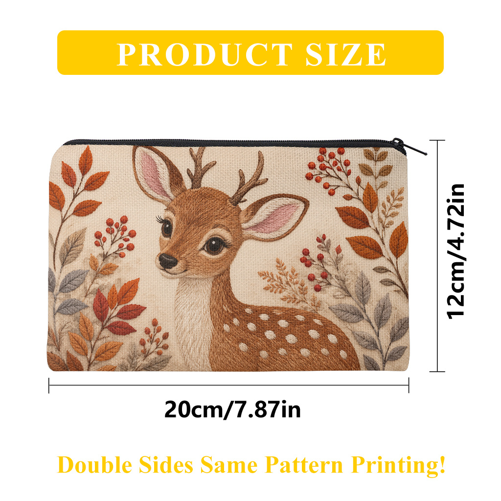 TEMU Pencil Case 1pc, Cute Deer Surrounded By Leaves Linen Pencil Case Stationery Storage Bag, Zipper Closure, Portable Cosmetic Bag, Toiletry Pouch,