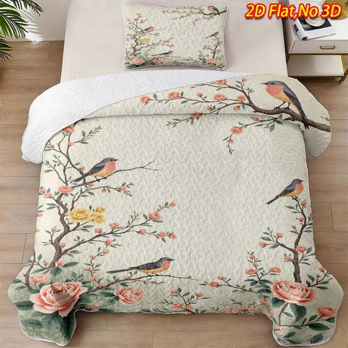 2 3pcs 2d flat floral bird on branch bedspread set 1 bedspread 1 2 pillowcases no filler soft and comfortable bedding in queen king size suitable for bedrooms and guest rooms hd printing breathable comfortable and easy