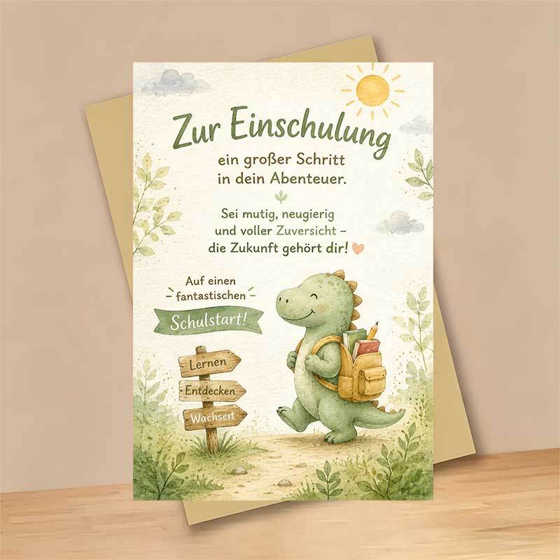 Adorable Dinosaur Greeting Card, Cute Green Dino With Backpack Path "a Into ", Suitable For Students, Celebration, Artistic Watercolor Style