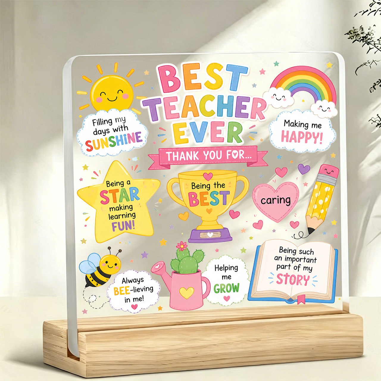 TEMU 2d Flat Plane, 1pc Cartoon Teacher Themed Ornament With "best Teacher Ever" Slogan, Warm And Inspirational Acrylic Decoration With Wooden Base,