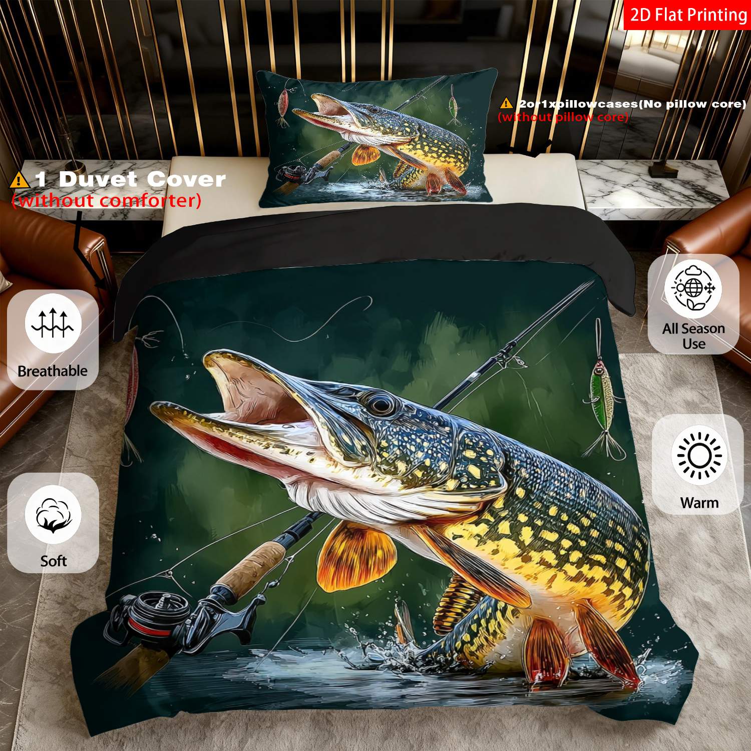 TEMU 2/3pcs 2d Flat Printing Fishing Lure & Pike Fish Themed Duvet Covers And Bedding Multiple Colors With Realistic Fish Hook Patterns Suitable For