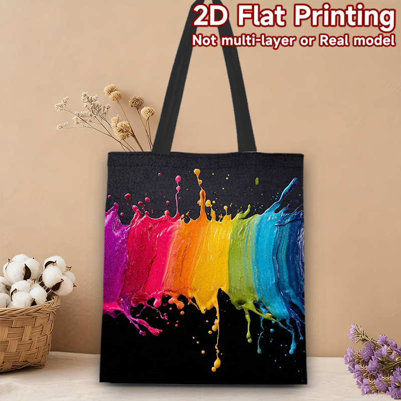 item picture 1pc 2d flat printing vib nt tote bag splash of  ow colors polyester for   reusable shopping bag with fixed shoulder st ps vib nt   for womens daily use