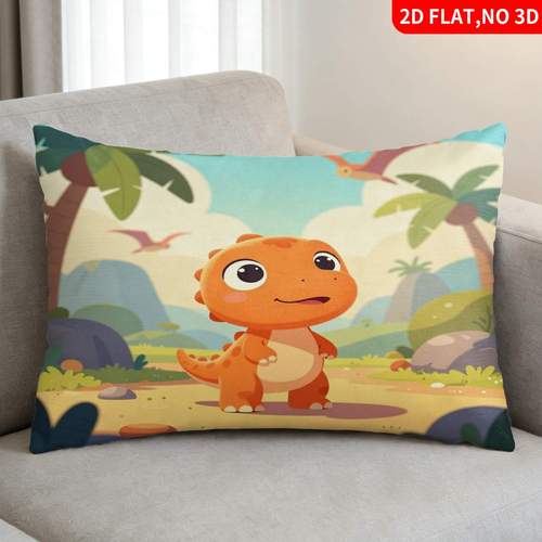 item picture 1pc pillowcase pillow inserts not included 2d flat print orange dinosaur with big tropical jungle scene cartoon style ideal for home decoration stylish pillow covers for beds and sofas bedroom material for home decor enthusiasts